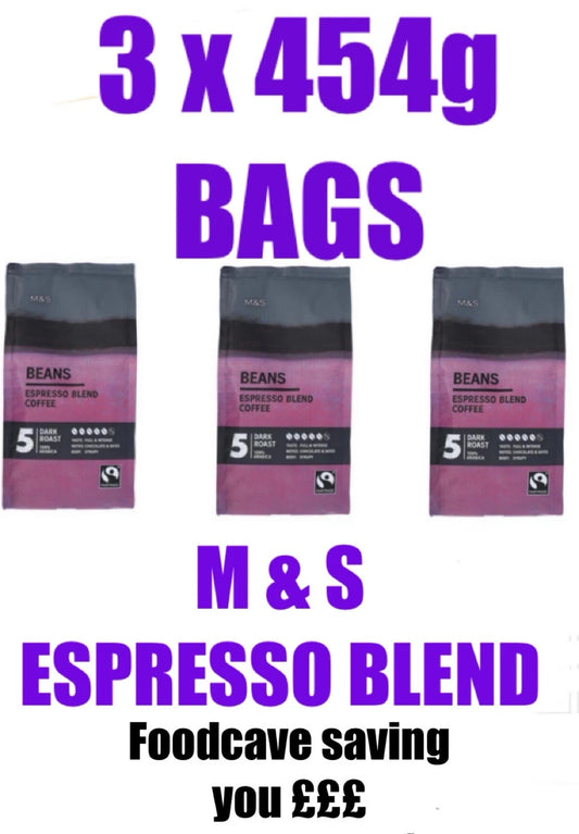Espresso Blend Dark Roast Coffee M & S Beans 3 x 454g BB 09/26